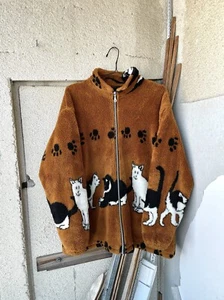 Vintage Y2K Cats Kitten Animal Over Print Fleece Zip Jacket Coat Size L Brown - Picture 1 of 11