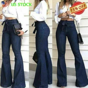 Women's High Waist Denim Jeans Stretch Bell Bottom Pants Flare Wide Leg Trousers - Picture 1 of 7