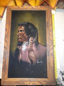 VTG NATIVE AMERICAN INDIAN man SIGNED BLACK VELVET PAINTING 14x22 - Picture 1 of 4