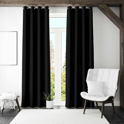 THERMAL BLACKOUT CURTAINS PAIR Ready Made Eyelet Ring Top Matching Tie Backs - Image 1 of 4