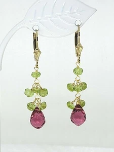 14k Yellow Gold Filled Pink Rubellite Briolette Peridot Cluster Dangle Earrings - Picture 1 of 4