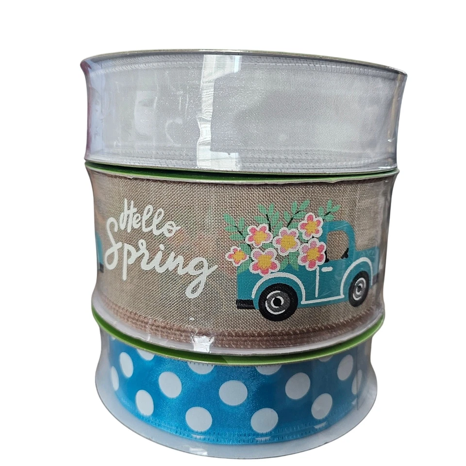 Members Mark Ribbon 50 Yards Wired Spring 1.5" 2.5" 3 Set Blue Truck Polka Dot - Image 1 of 4