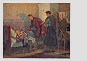 Postal rusa F.Nevezhin 1958 TIEMPO DE REVOLUCIÓN hombre mujer niño dormido - Imagen 1 de 2