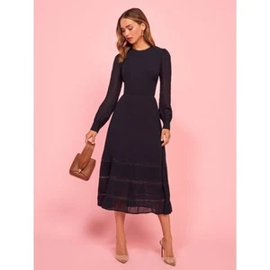 Reformation Valerie Midi Dress Black Lace Trim Keyhole Back Zip Long Sleeve Sz 0 - Picture 1 of 8