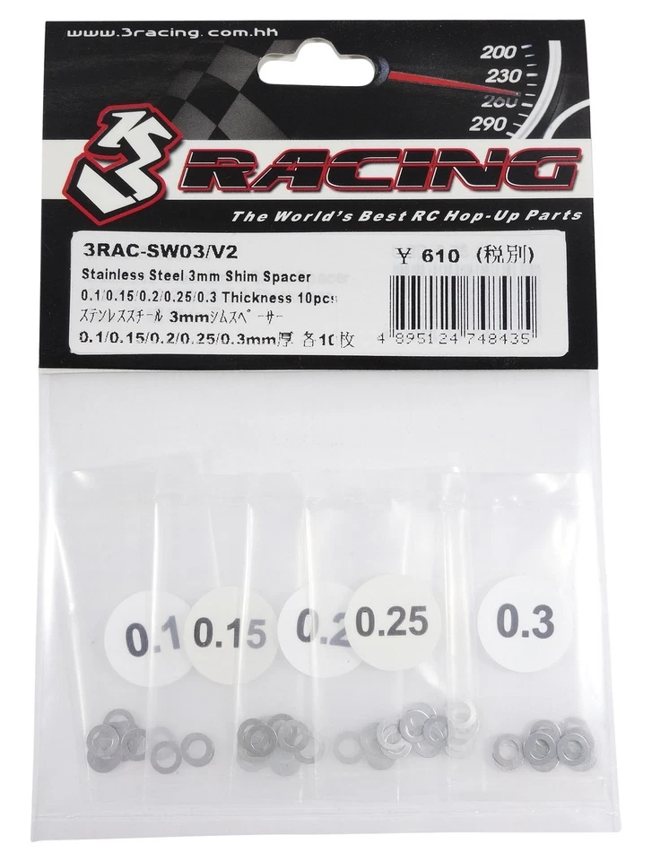3 Racing 3RAC-SW03/V2 Stainless steel 3mm Simspacer 0.1/.15/.25/.3 Thick (10 eac - Image 1 of 1