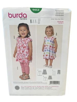 Burda 9412 Kids Dress & Leggings Sewing Pattern US 6M-3 Easy - Image 1 of 2
