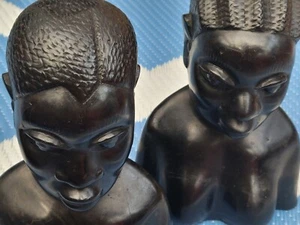 Vintage ' Carved Ebony Wood Busts Sculptures ' Tribal African Art Head Figures - Picture 1 of 11