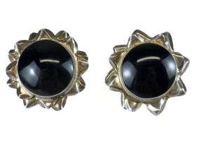 Vintage MEXICO 925 Sterling Silver ONYX Mid Century FLORAL Clip On Earrings - Picture 1 of 9