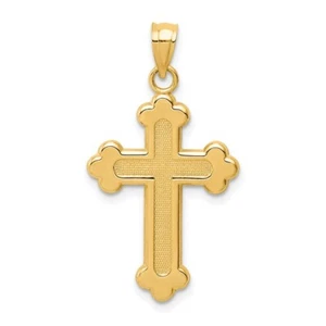 Real 14kt Yellow Gold Satin and Polished Budded Cross Pendant - Picture 1 of 6