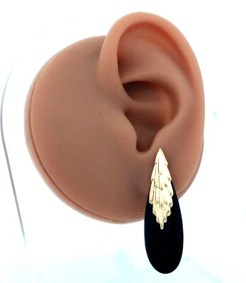 Винтажные серьги-гвоздики из желтого золота 14 карат с каплевидным черным ониксом текстурированные капли - Изображение 1 из 4