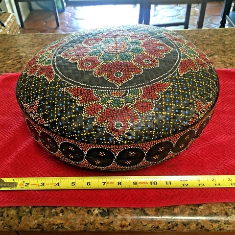Hand Woven Wicker Basket with Lid Painted Flowers Indonesia Bamboo 13" Cover
