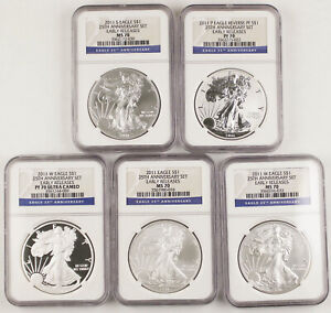 2011 P W S 25th Anniversary Silver Eagle 5 Coin Set NGC PF70 MS70 Early Releases
