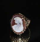 Vintage 10k Gold Carved Conch Shell Cameo Filigree Ring