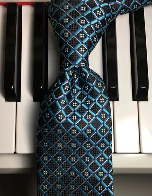 Corbata de polietileno a cuadros VALERIO GARATI / Terriffic delgada turquesa, negra y plateada (nueva) Foto 1 de 4