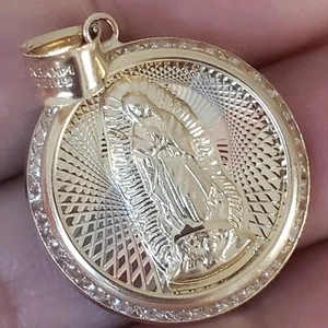 14k yellow gold virgin Mary Holy mother diamond cut round pendant charm 1.25"lng - Picture 1 of 11