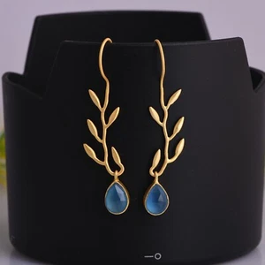Olive Leaf Branch Earrings 925 Silver Gold Plated With Blue Chalcedony Jewelry - Picture 1 of 6
