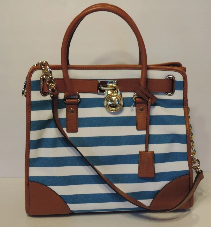 Nova bolsa tote listrada de lona Michael Kors Hamilton grande norte sul listra azul - Imagem 1 de 1