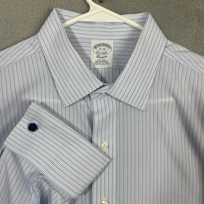 Camisa de vestir Brooks Brothers para hombre 17-35 azul a rayas puño francés sin hierro Supima Foto 1 de 4