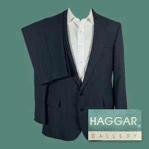 Vintage Haggar 2 Piece Suit Mens 44R 38x25 Blue Stripe Two Button Pleated - Picture 1 of 11