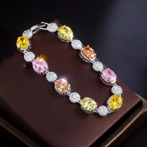 Tennis Oval Shape Chain Link Bracelet Silver Plated Rainbow Cubic Zircon Fashion - Bild 1 von 9