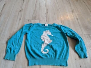 Gymboree Girl’s Sweater Teal White Seahorse Ocean Beach Pullover Size Small 5-6 - Picture 1 of 5