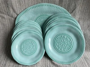 Il Mulino Turquoise Medallion Melamine Set 8 Dinner, 8 Salad 1 Platter Teal Blue - Picture 1 of 12