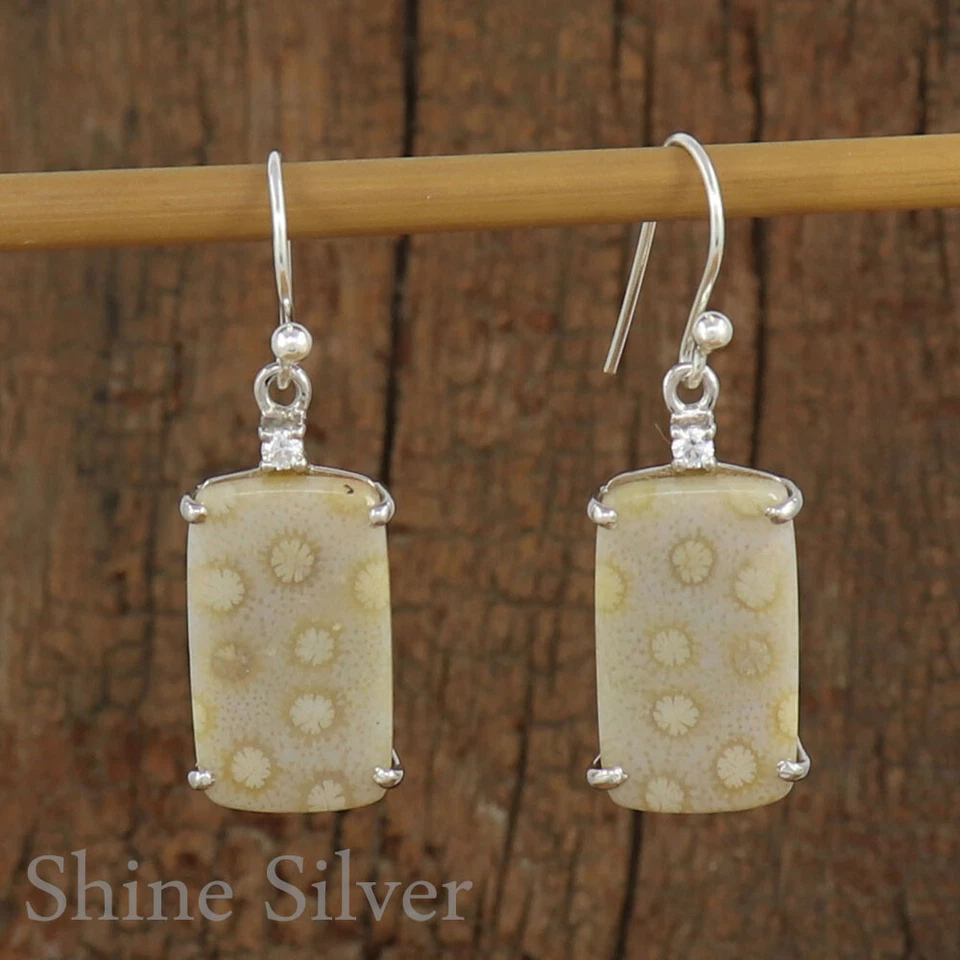 Natural Fossil Coral 925 Sterling Silver Dangle Drop Wedding Earrings FN242 - Image 1 of 3