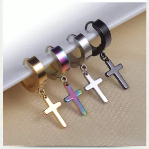 Earrings Womens Mens Pair Cross Surgical Steel Hoop Gold Silver Black Rainbow UK - Picture 1 of 7