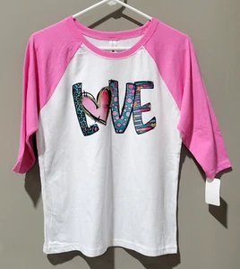 LOVE Multi Design Script XL 14/16 Pink 3/4 Raglan Sleeve Valentine's Day Tee - Picture 1 of 6