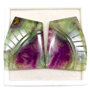 150.3 Cts/2 Pcs Natural Fluorite Bi Color Pair Loose Carved Untreated Gemstones - Picture 1 of 13