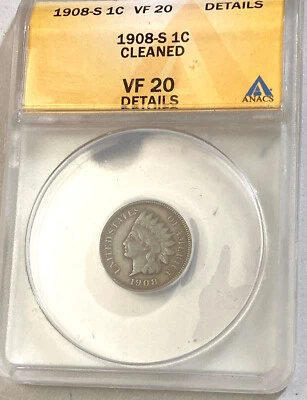 1908-S 1c INDIAN PENNY CERTIFIED ANACS VF DETAILS - Image 1 of 3