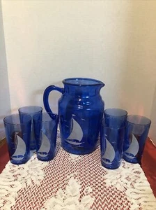 Vintage Hazel Atlas Cobalt Blue Ships Pitcher And 6 Glasses - Picture 1 of 12