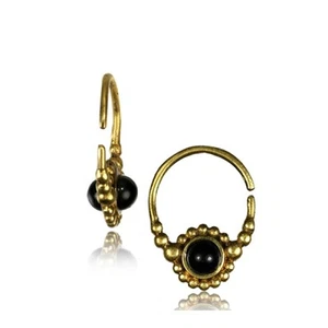 PAIR 18G BRASS EARRINGS HANGING FAUX ONYX STONE SMALL HOOP RING DOUBLE SIDED EAR - Picture 1 of 1