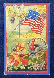 Antigua postal patriótica bandera americana uvas pavo acción de gracias Gottschalk - Imagen 1 de 5