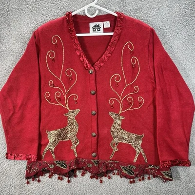 Storybook Knits Sz 1X Button Christmas Holiday Reindeer Cardigan Sweater Vintage - Image 1 of 4