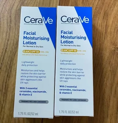 2Pcs CeraVe AM Facial Moisturising Lotion SPF50 52ml - Image 1 of 3