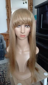 Gerade Gold Blond Echthaarperücke  Mit Pony 60 cm Glueless Wig  - Bild 1 von 7