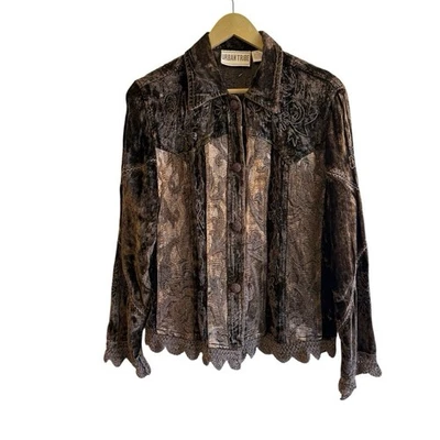 Top Boho Urban Tribe Marrón Terciopelo Bordado Crochet Bordado Manga Larga con Botones Foto 1 de 4