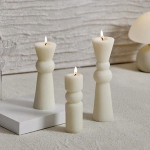 3 Pcs Soy Wax Pillar Candles Set - Handmade Ribbed Design for Modern Home Dec... - Picture 1 of 8
