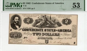 T-42 PF-3 1862 $2 Confederate Paper Money - PMG About Uncirculated 53 - bright! - Picture 1 of 2