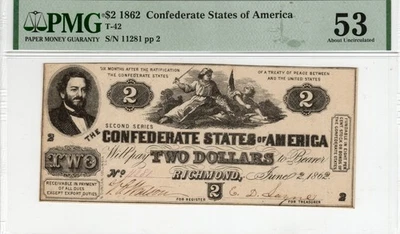 T-42 PF-3 1862 $2 Confederate Paper Money - PMG About Uncirculated 53 - bright! - Image 1 of 2