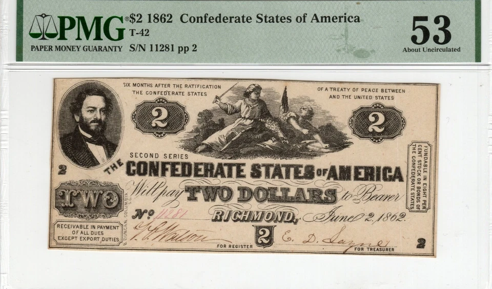 T-42 PF-3 1862 $2 Confederate Paper Money - PMG About Uncirculated 53 - bright! - Image 1 of 2