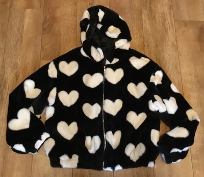 New look,black faux-fur,white hearts,hooded jacket/top size M-12/14/16 - Image 1 of 4