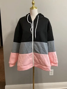 Women's Color-Block Fleece Zip-Up Hoodie Jacket - Size 2XL - Picture 1 of 2