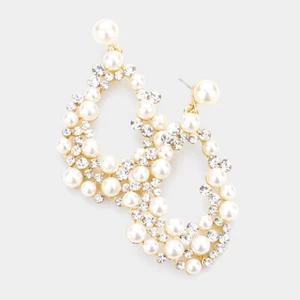 NEW Rhinestones & Faux Pearls Cluster Hollow Teardrop Dangle Gold Tone Earrings - Picture 1 of 1