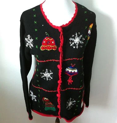 Mitones Guante de Invierno XL Feo Navidad Suéter Copo de Nieve Sombrero Apliques Cárdigan Negro  Foto 1 de 4