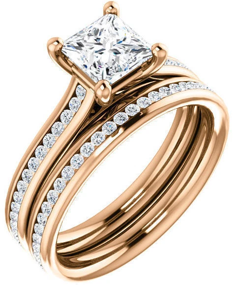 Anillo de compromiso de boda de oro rosa de 14 k con diamantes redondos y princesas de 1,33 quilates en total Foto 1 de 1