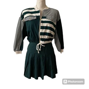 Vtg Amy Byer Green Tennis Skirt Striped Shoulder Pads Jacket Sz Girls 14 (Large) - Picture 1 of 6