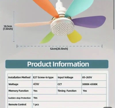 20” Quiet Indoor colourful Leaf Ceiling Fan Follower Light & Remote Control E27  - Image 1 of 4
