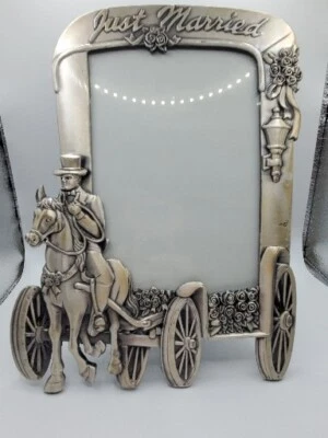 Pewter Metal Wedding Picture Frame Just Married Old Fashion Horse Drawn B131 - Image 1 of 4